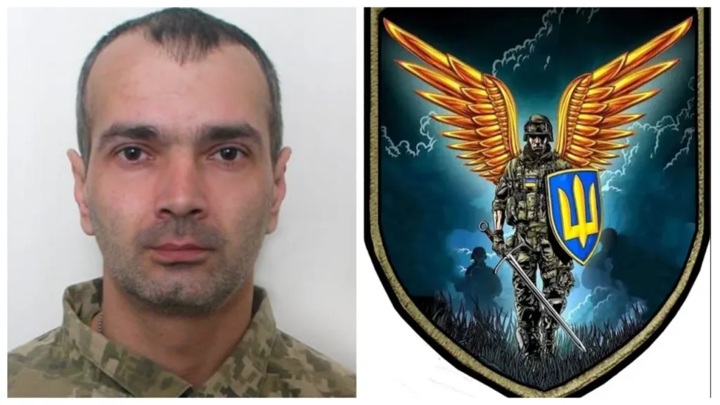 Український військовий та герб із крилатим воїном