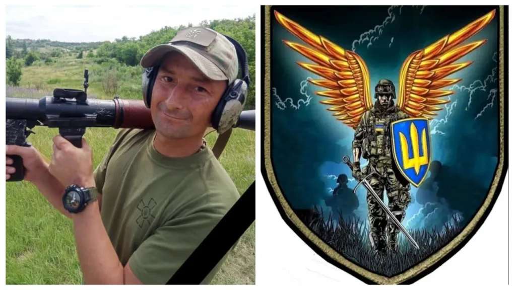 Український військовий із гранатометом та герб з воїном