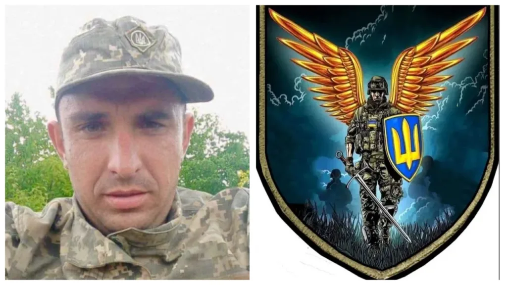 Український військовий та емблема з тризубом