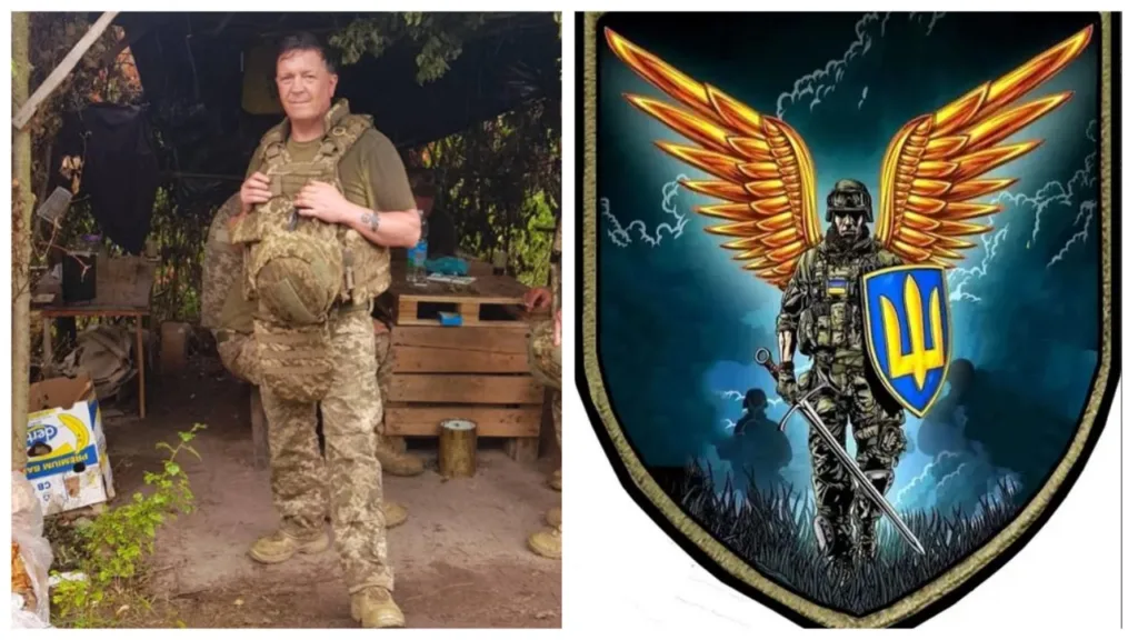 Український військовий та емблема з ангельськими крилами