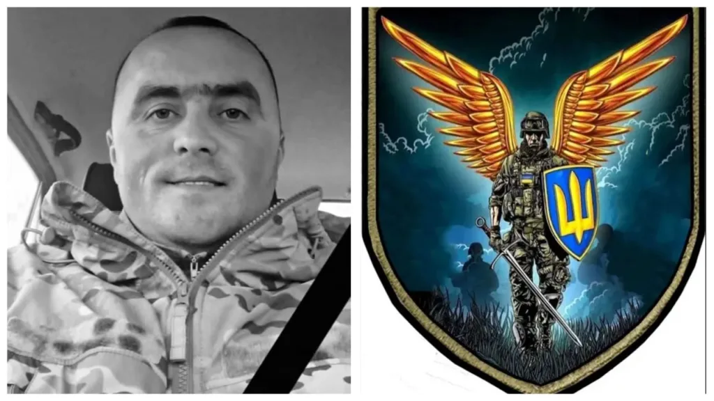 Український військовий та герб із солдатом і крилами