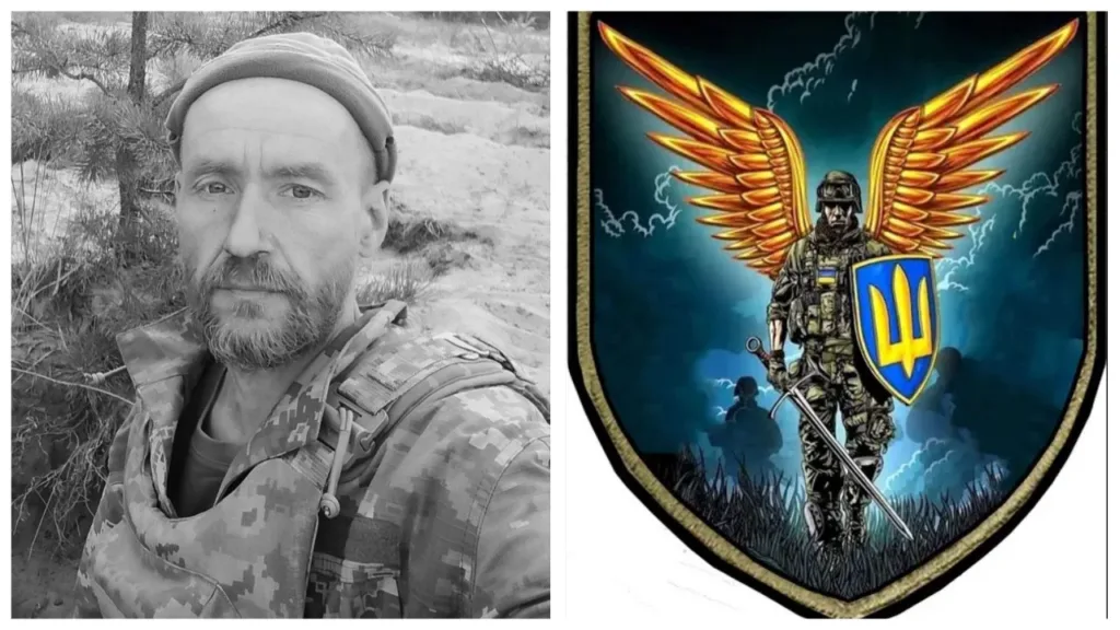 Український військовий та емблема захисника України