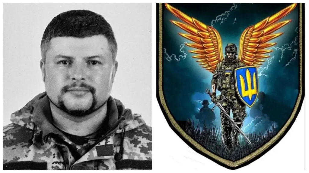 Український військовий та герб із крилатим воїном