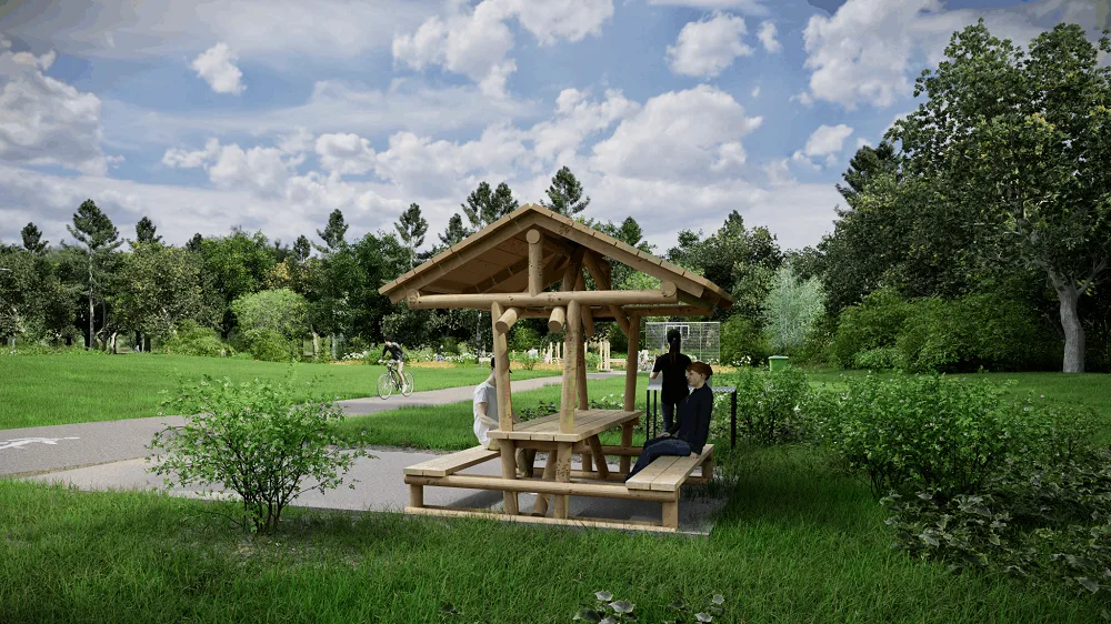 Дерев’яна альтанка в зеленому парку