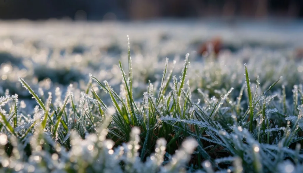 Трава, вкрита ранковим інеєм на сонці