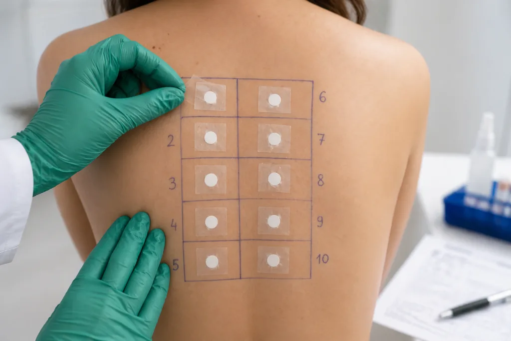 Лікар проводить алергопробу на спині пацієнта