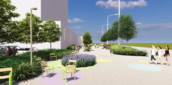 Сучасна пішохідна вулиця з деревами та лавками