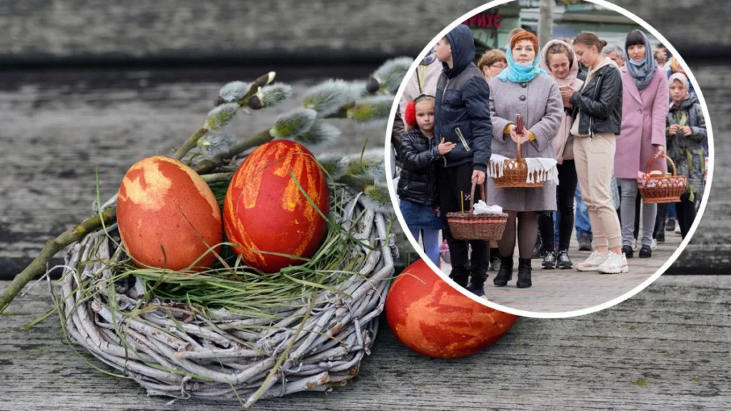 Великодні яйця та люди з кошиками на святі