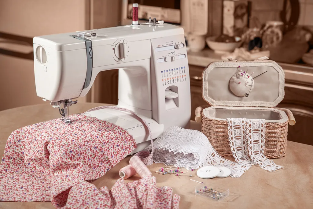 Швейна машина з мереживом і нитками