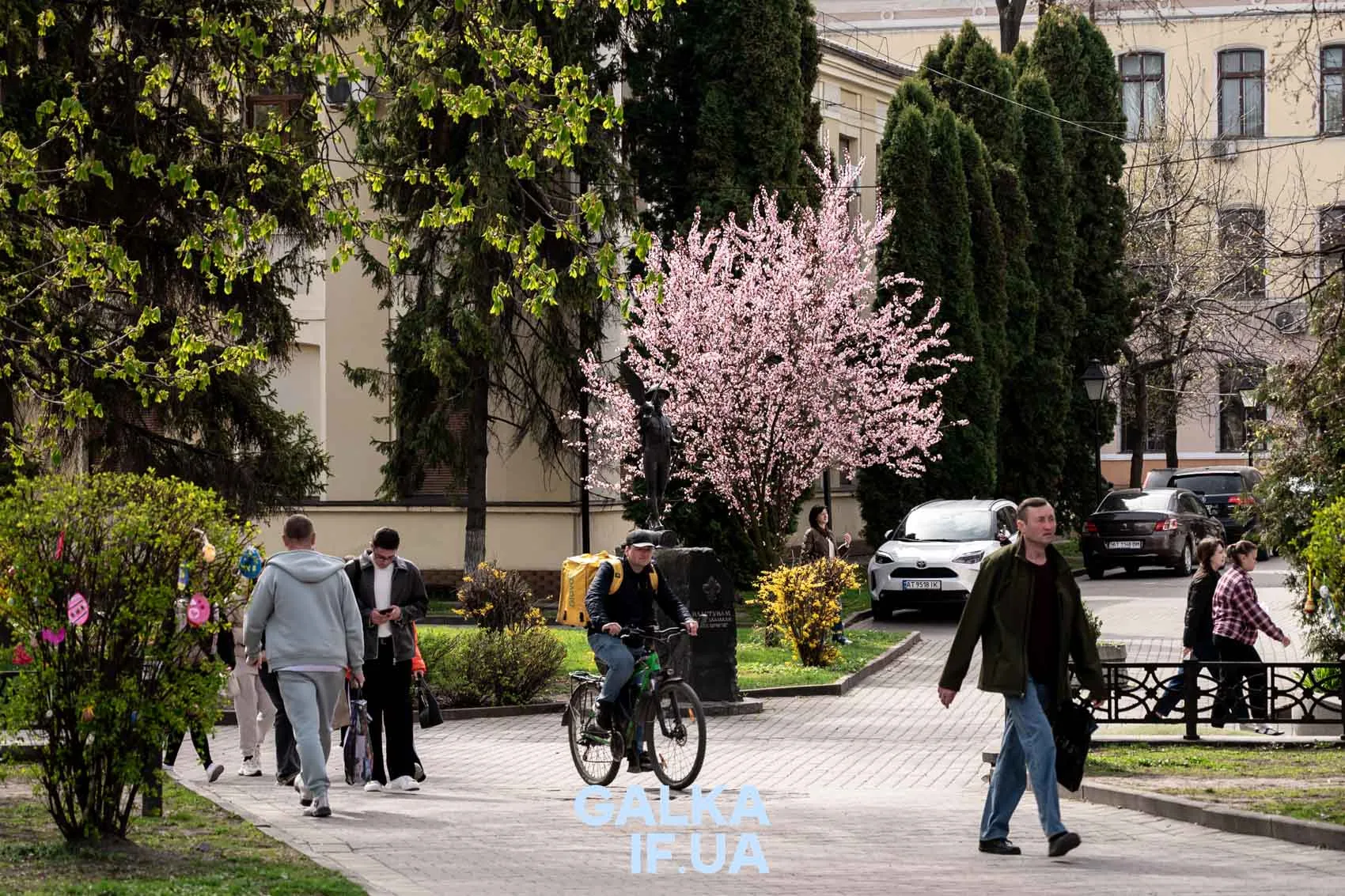Весняна вулиця з людьми та квітучим деревом