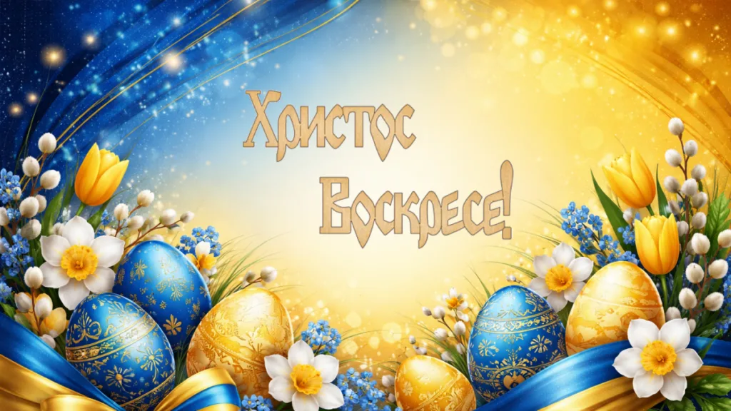 Пасхальні яйця та весняні квіти, Христос Воскресе