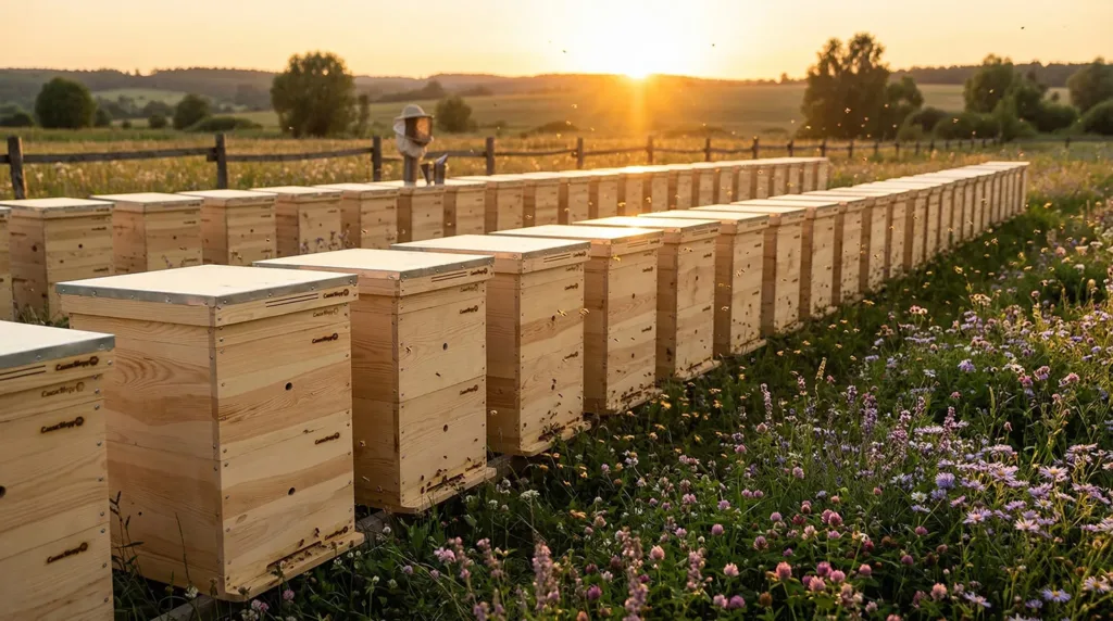 Вулики на пасіці під час заходу сонця