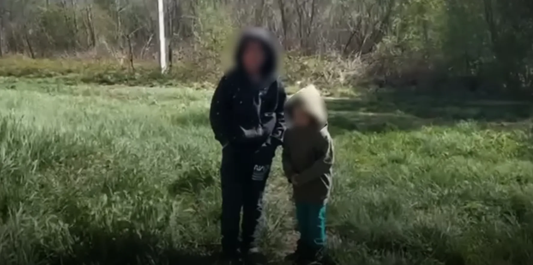 Двоє дітей стоять на траві біля лісу