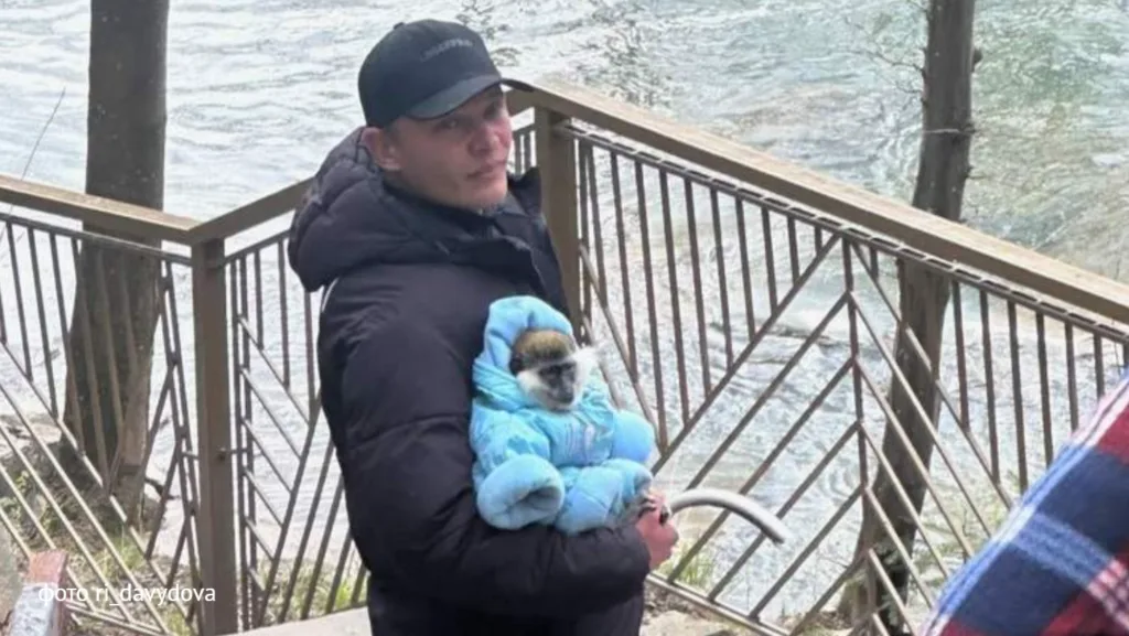 Чоловік тримає мавпу в синьому комбінезоні