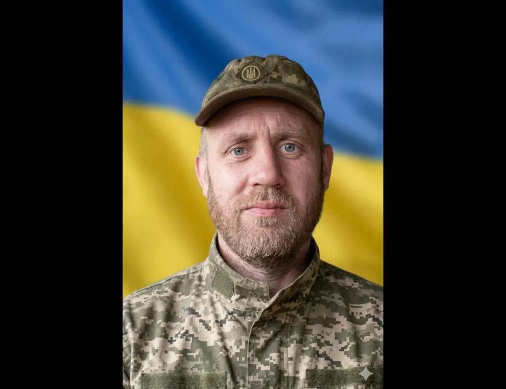 Український військовий на тлі прапора України