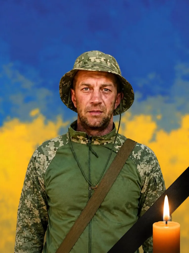 Український військовий на фоні прапора з свічкою