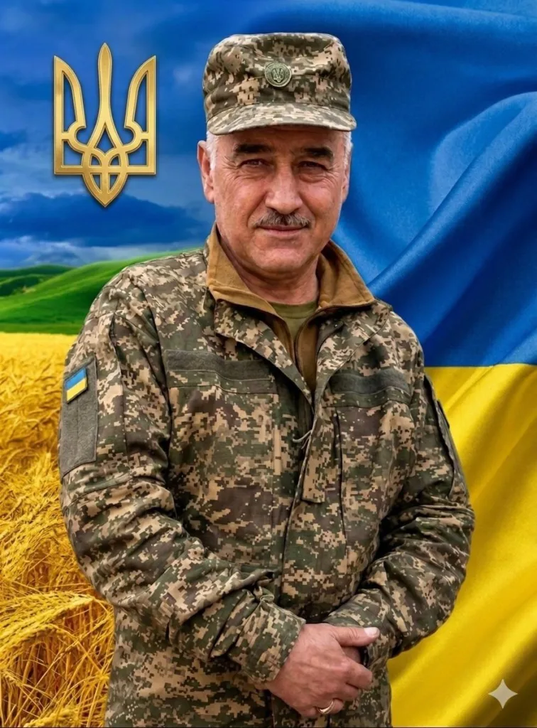 Український військовий на фоні прапора України