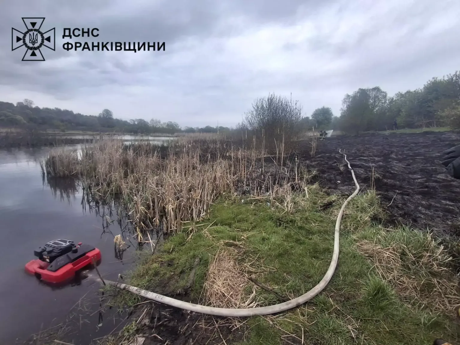 Рятувальники гасять пожежу біля водойми