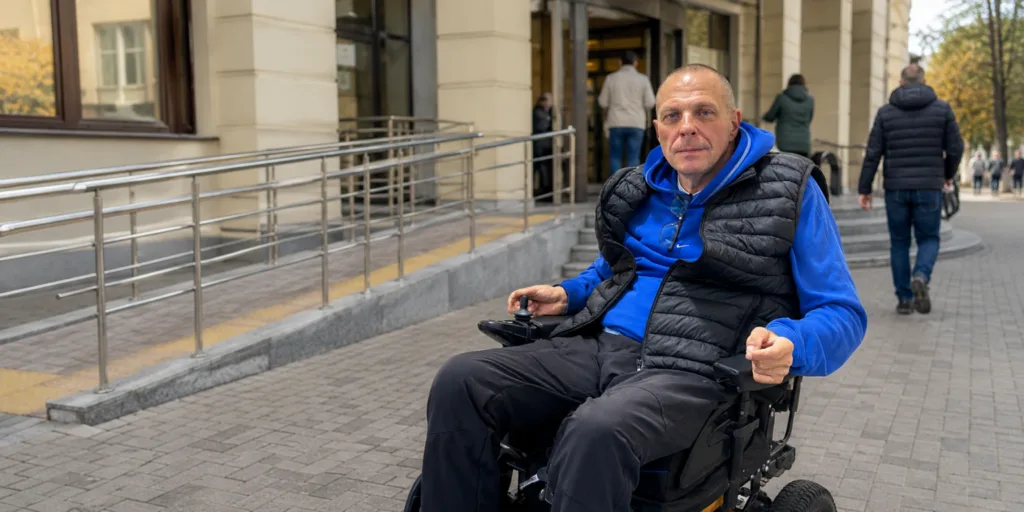Чоловік на інвалідному візку біля пандуса будівлі