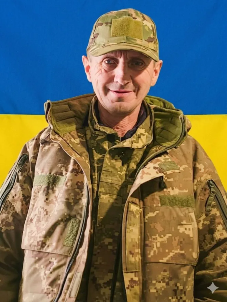 Військовий у формі перед прапором України
