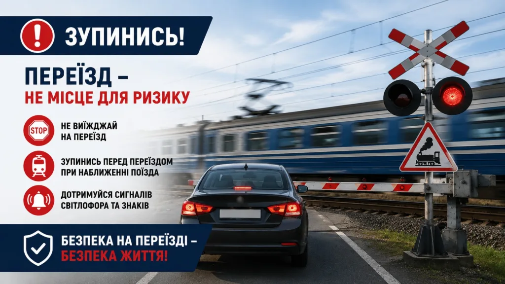 Безпечний переїзд залізниці, зупинись перед поїздом