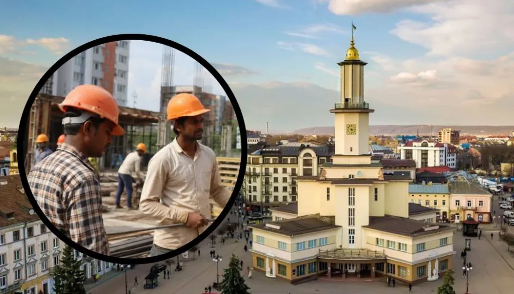 Будівельники працюють на фоні ратуші Івано-Франківська