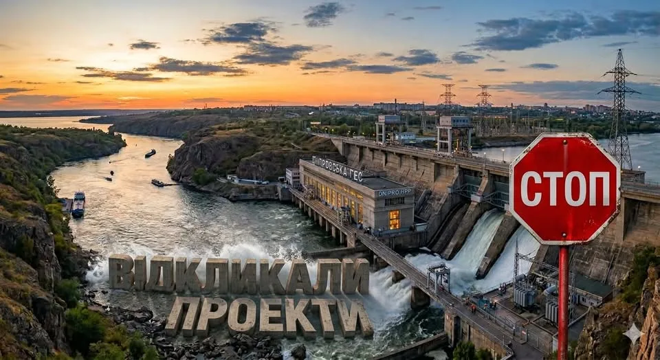 Дніпровська ГЕС на заході сонця, знак стоп