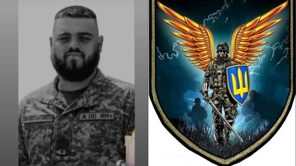 Український військовий і герб з воїном та крилами