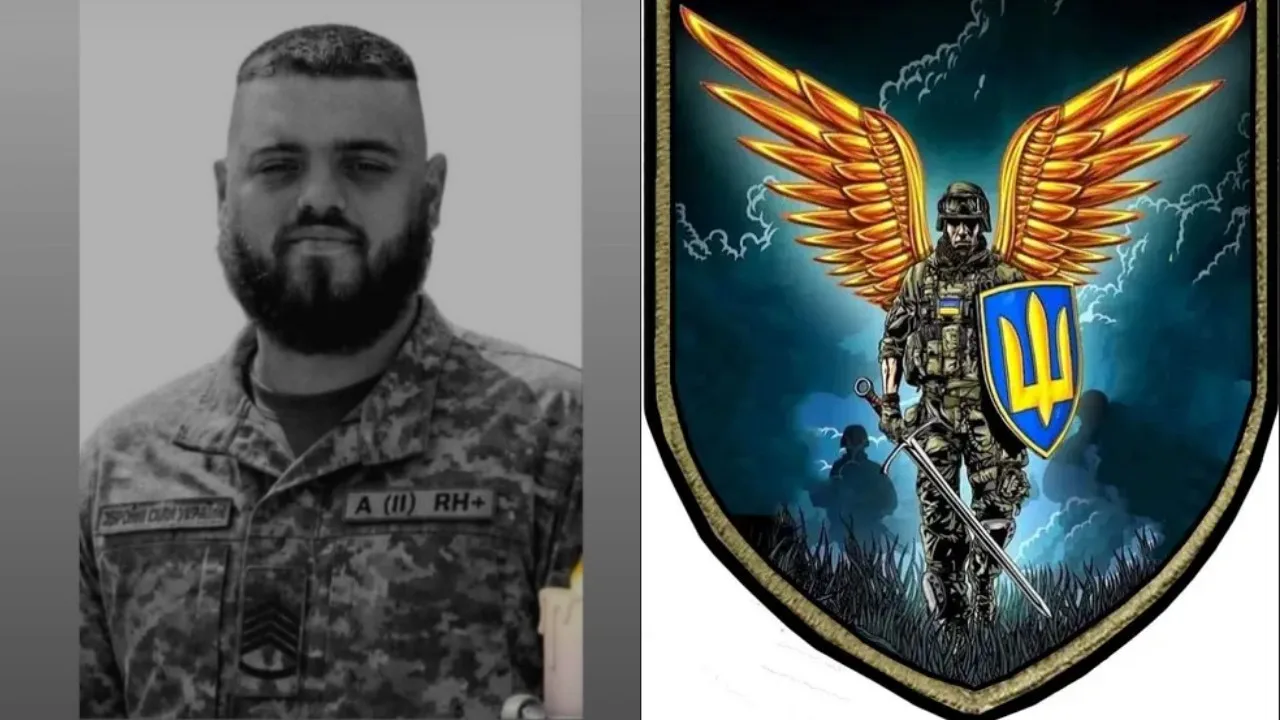 Український військовий і герб з воїном та крилами