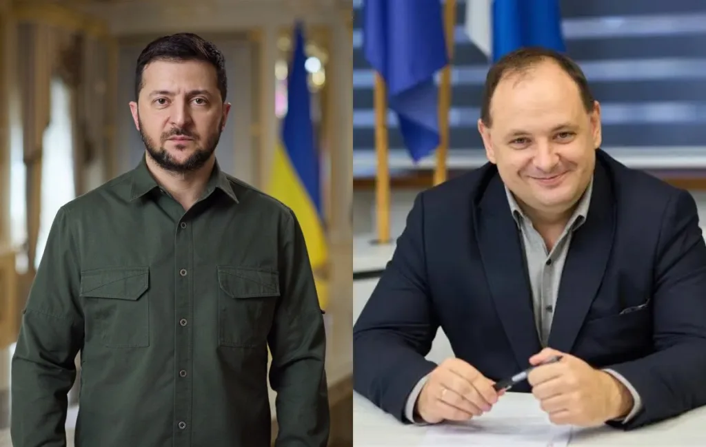 Двоє чоловіків на офіційних портретах з прапорами України