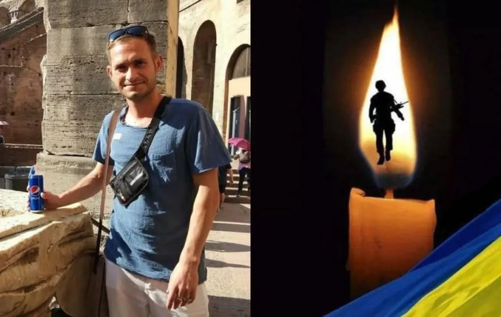 Чоловік біля старовинної будівлі та свічка пам’яті