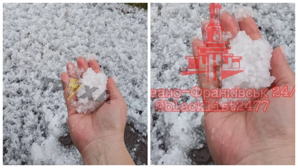 Рука тримає жменю граду на землі