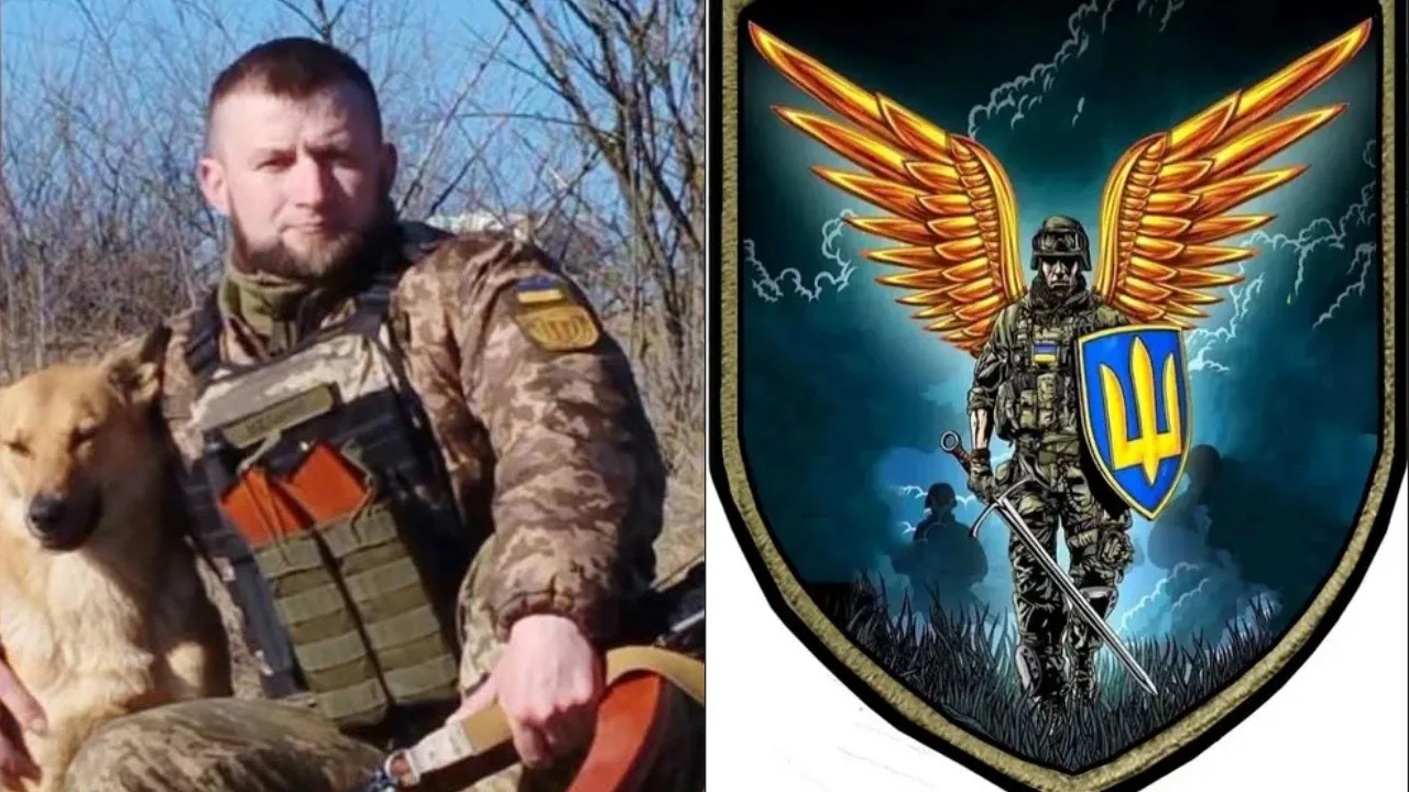Український військовий із собакою та герб із крилатим воїном