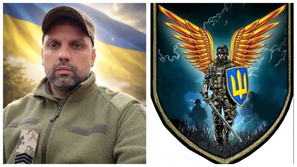 Український військовий та герб із захисником України