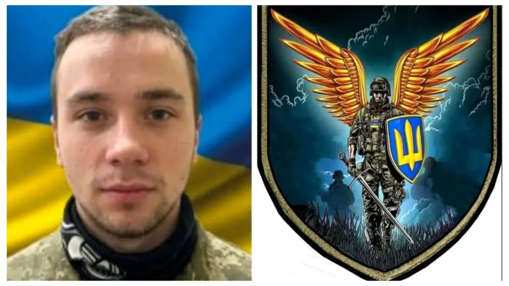 Український військовий і герб із воїном та крилами