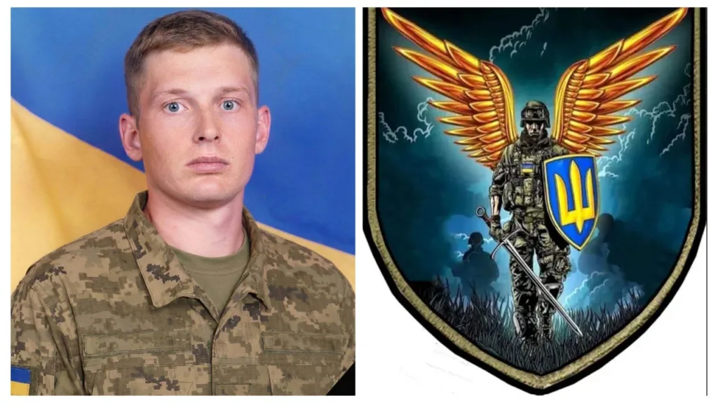 Український військовий та герб із крилатим воїном
