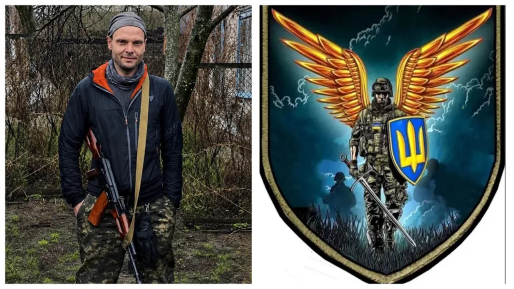 Український військовий та емблема з тризубом