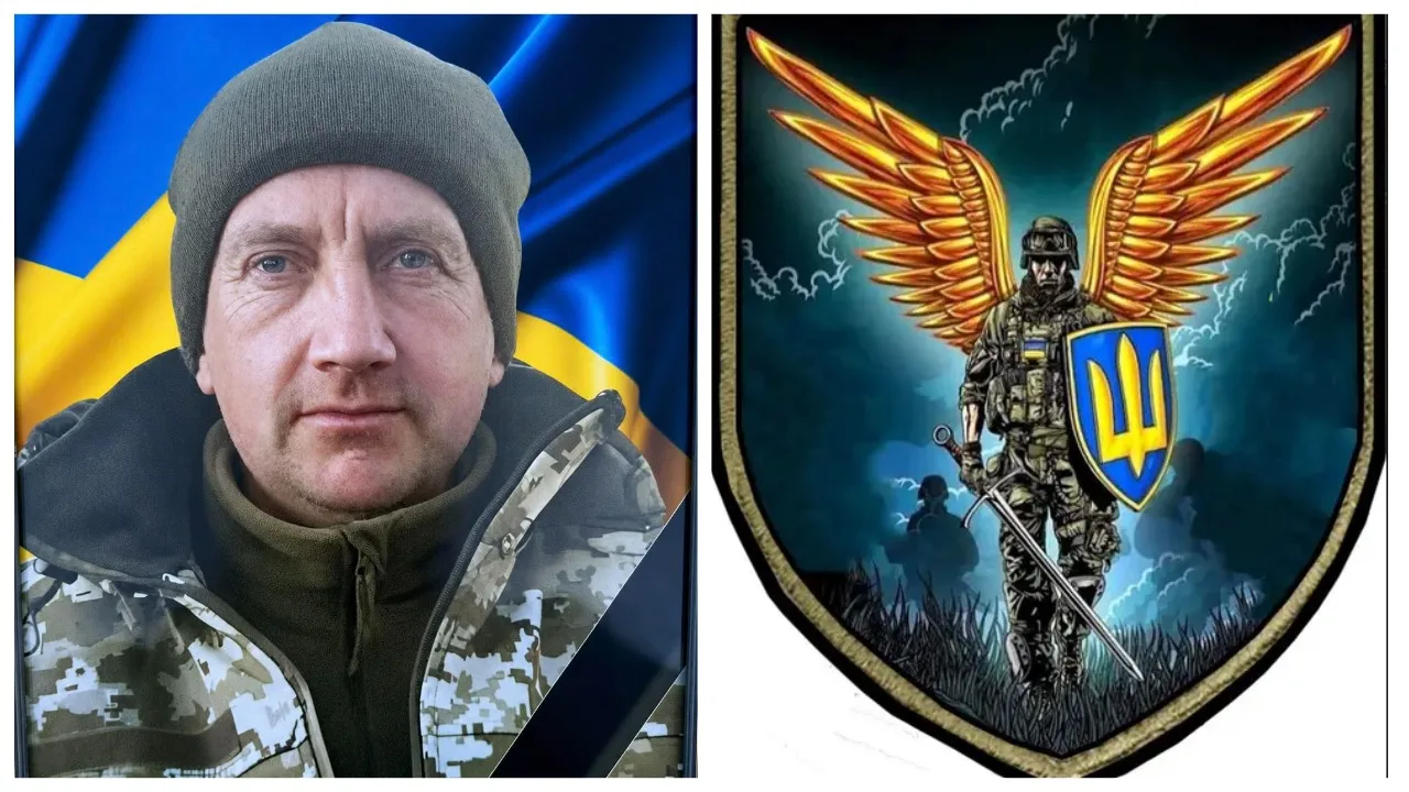 Український військовий та герб із воїном і крилами