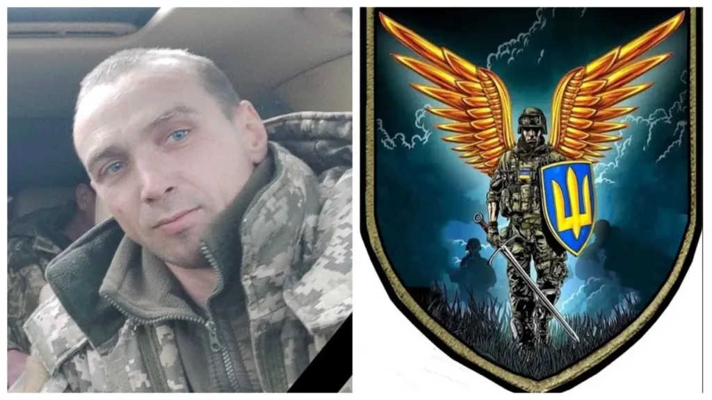 Український військовий та емблема з солдатом і крилами
