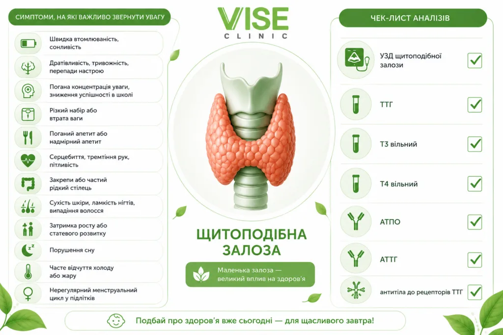 Інфографіка про симптоми та аналізи щитоподібної залози