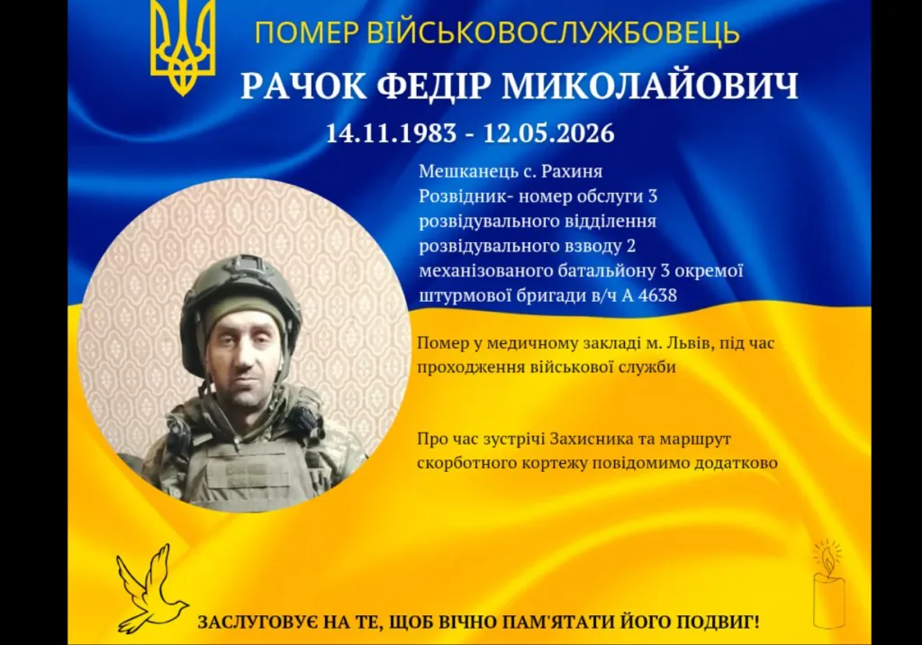 Посмертне оголошення українського військовослужбовця на фоні прапора
