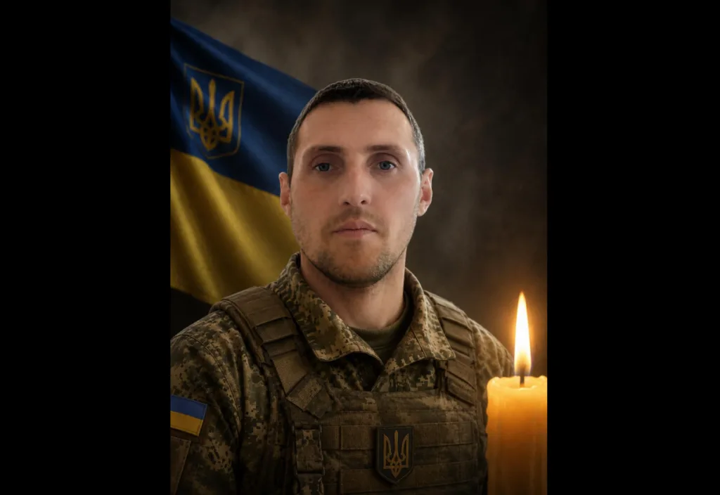 Український військовий з прапором і свічкою