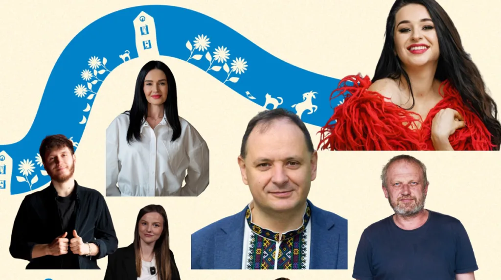 Портрети людей на фоні синього орнаменту