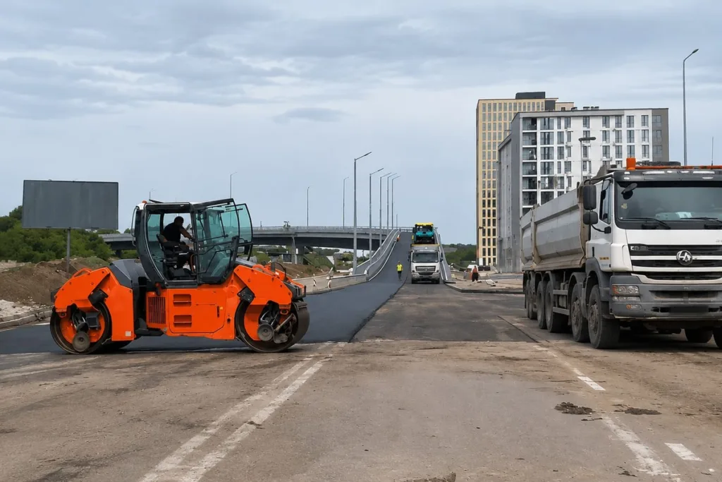 Будівництво дороги з асфальтоукладальниками та вантажівками