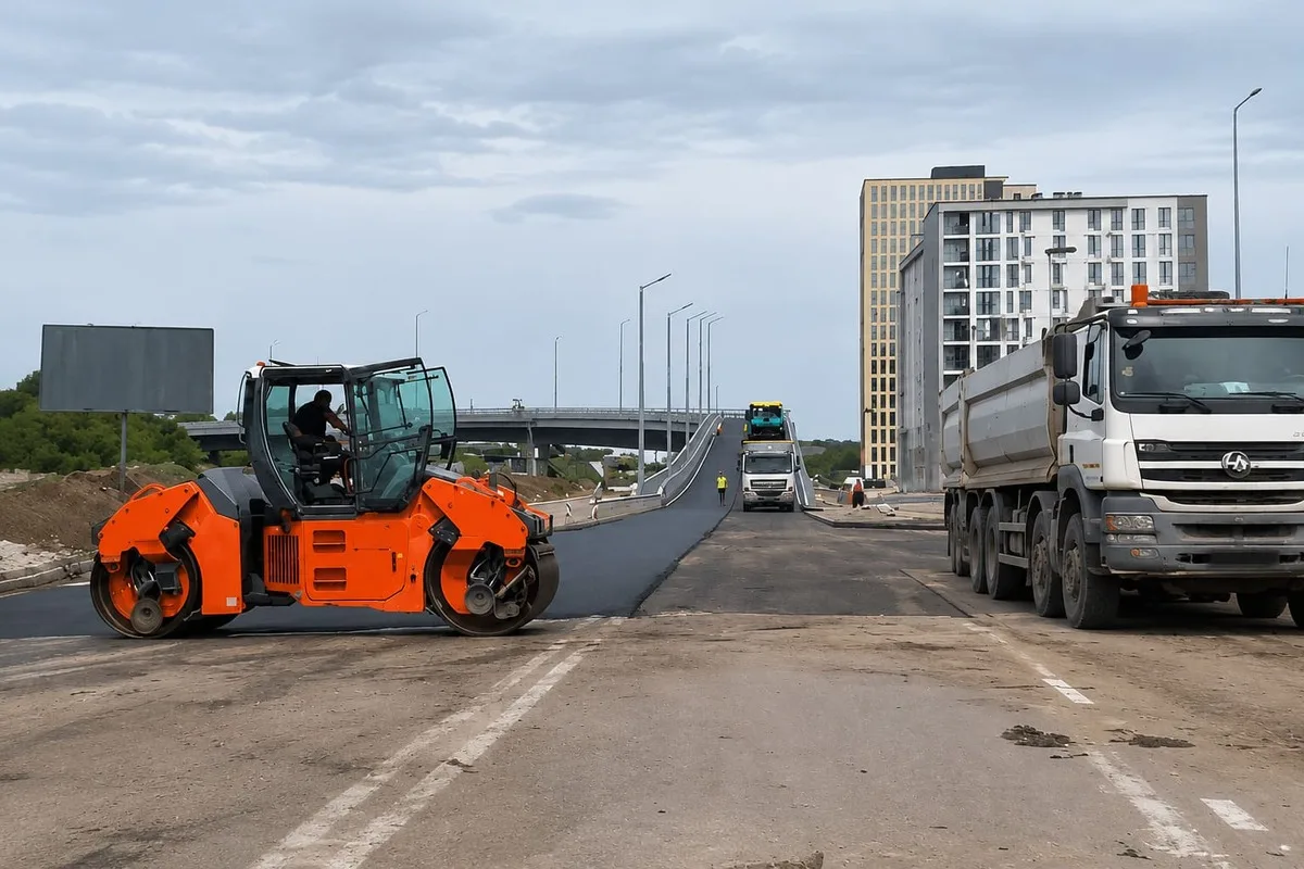 Будівництво дороги з асфальтоукладальниками та вантажівками