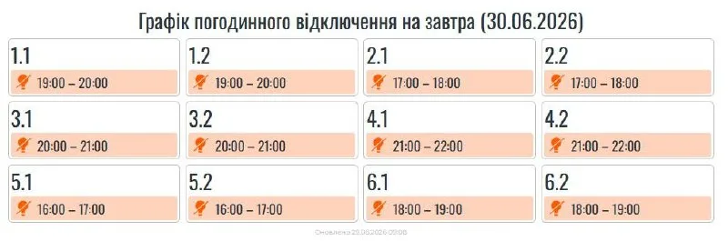Графік погодинних відключень електроенергії на 30.06.2026