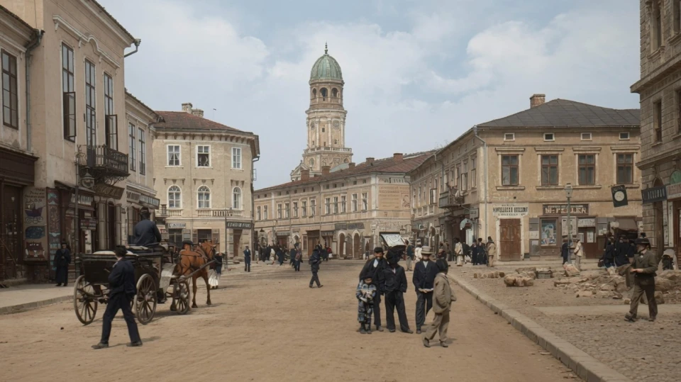 Стара міська вулиця з людьми та возами