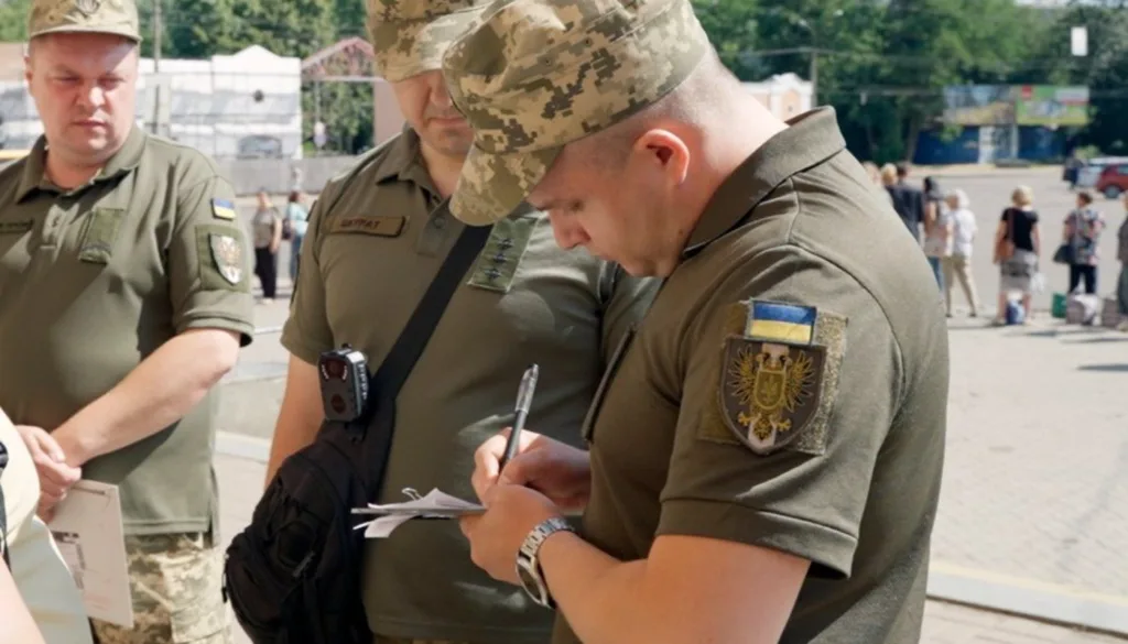 Українські військові заповнюють документи на вулиці