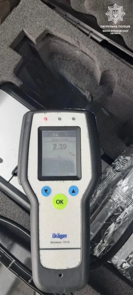 Алкотестер Dräger показує рівень алкоголю 2.39 проміле