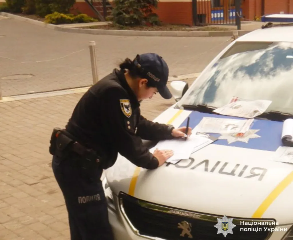 Поліцейська заповнює документи на капоті службового авто